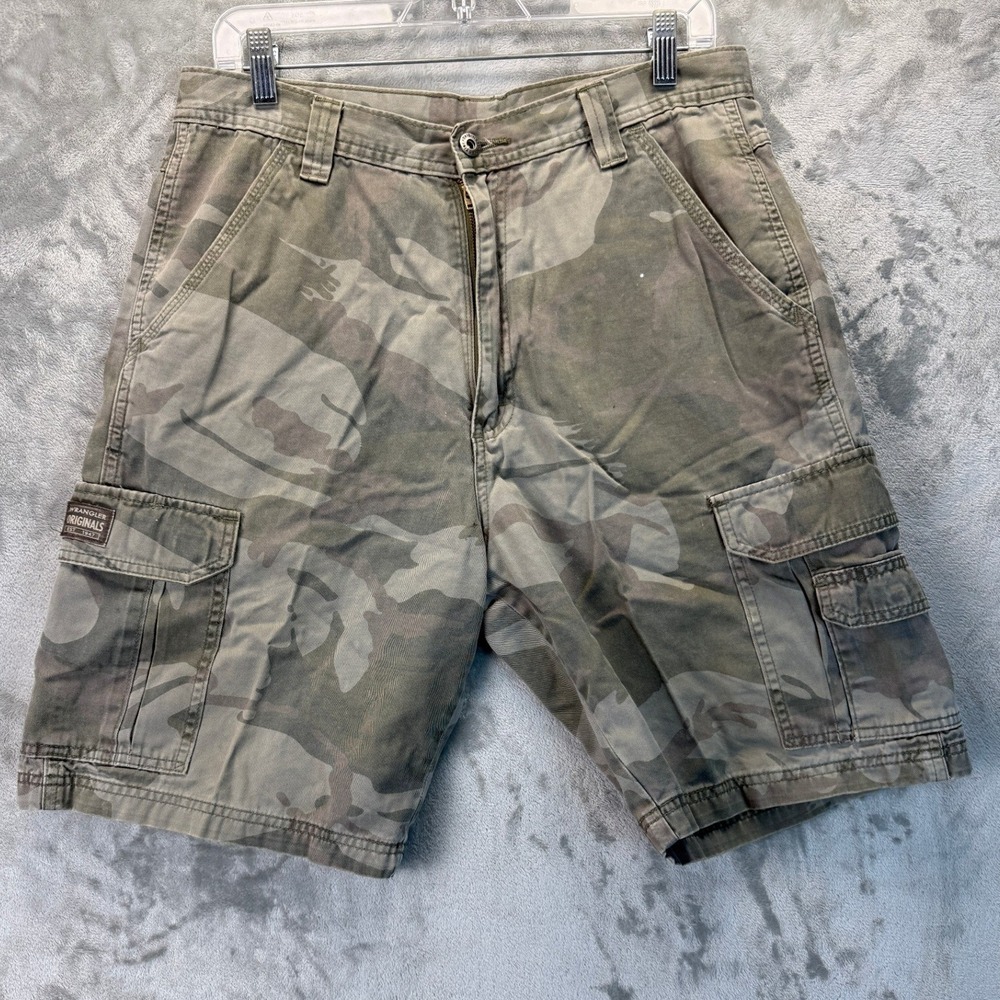 Wrangler Originals Mens Camo Cargo Shorts Green Brown Cotton Twill Size 32